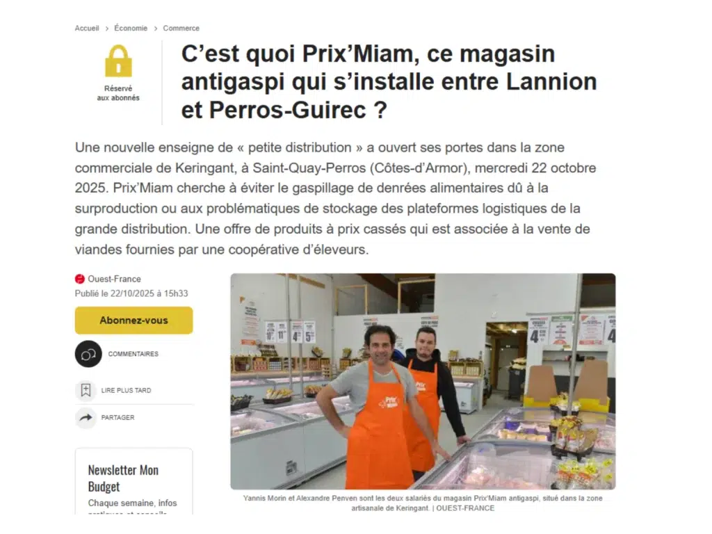 Article Ouest France ouverture magasin Anti Gaspi Prix'Miam Lannion